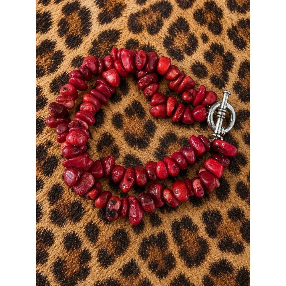 Red Coral Look Chip Bracelet 2 Strand Chunky Boho Statement Toggle Clasp